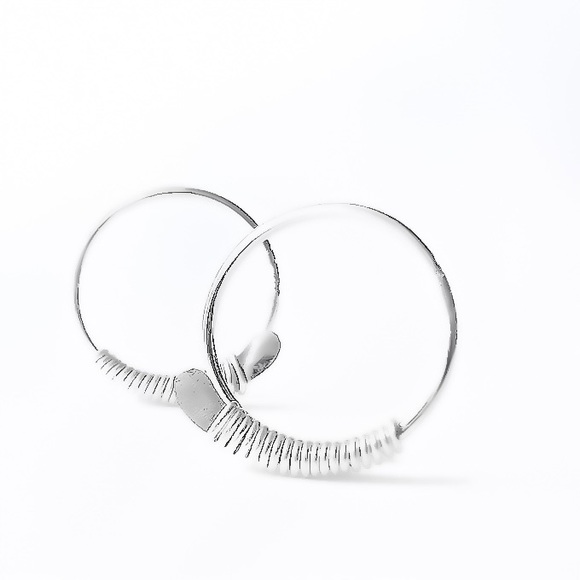925 Sterling Silver Wire Wrapped Hammered Open Hoop Threader Earrings Small 1/2” - Picture 1 of 6